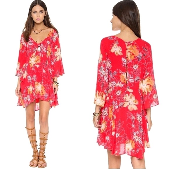 Free People Red Floral Vintage Long-Sleeve Mini Dress - Picture 13 of 15